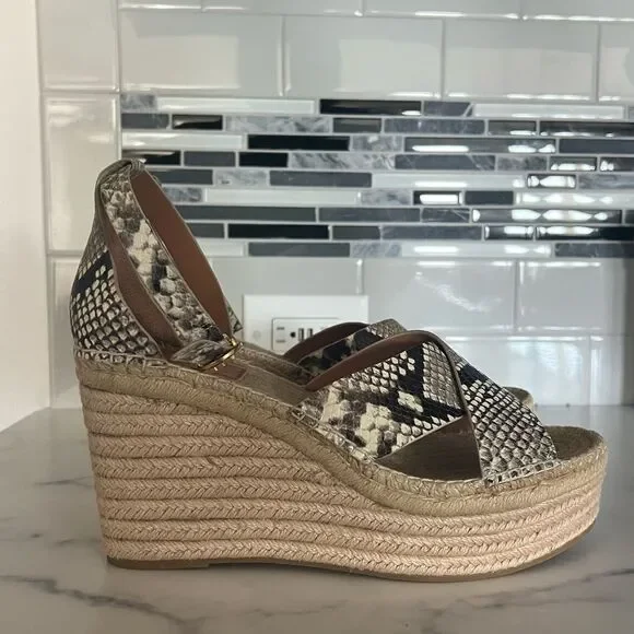Tory Burch Shelby Snakeskin-Embossed Leather Espadrille Sandals